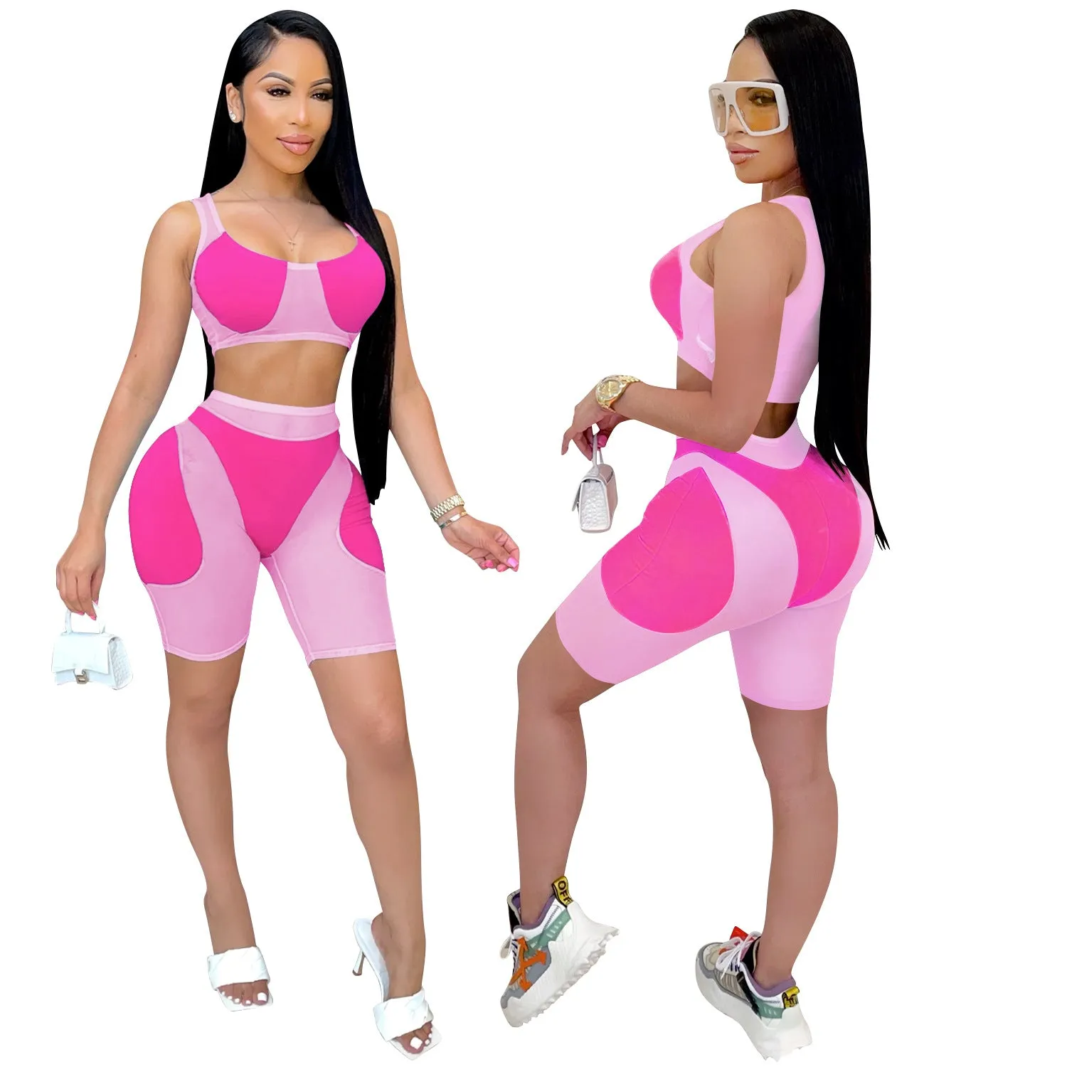 Trendy Solid Mesh Color-Blocking Top and Shorts Two-Piece Set