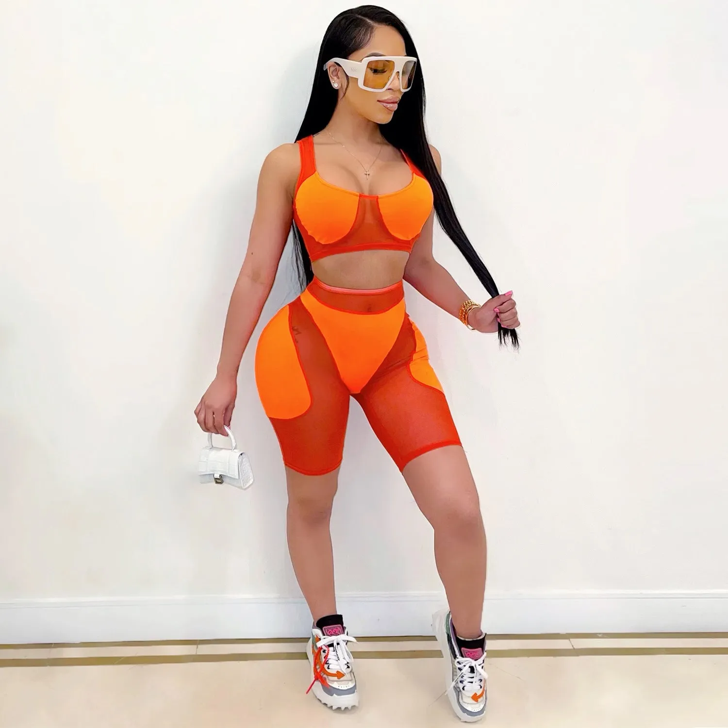Trendy Solid Mesh Color-Blocking Top and Shorts Two-Piece Set