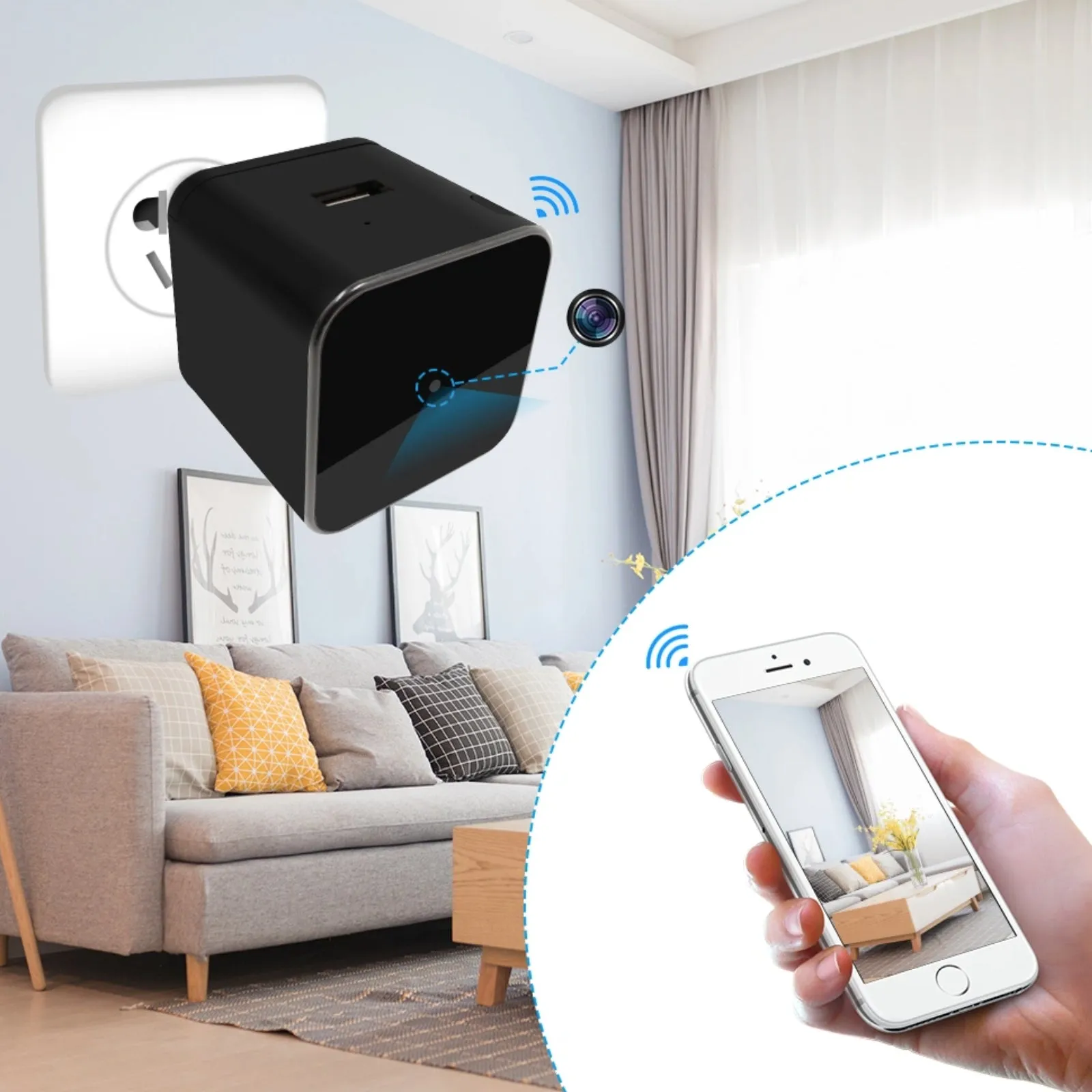 USB Charger Camera Wireless Wi-Fi Night Vision 1080p HD Video Recorder Push Notifications