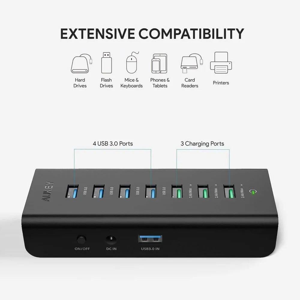 USB Hub with 3 Charging Ports and 4 USB 3.0 Data Ports CB-H19