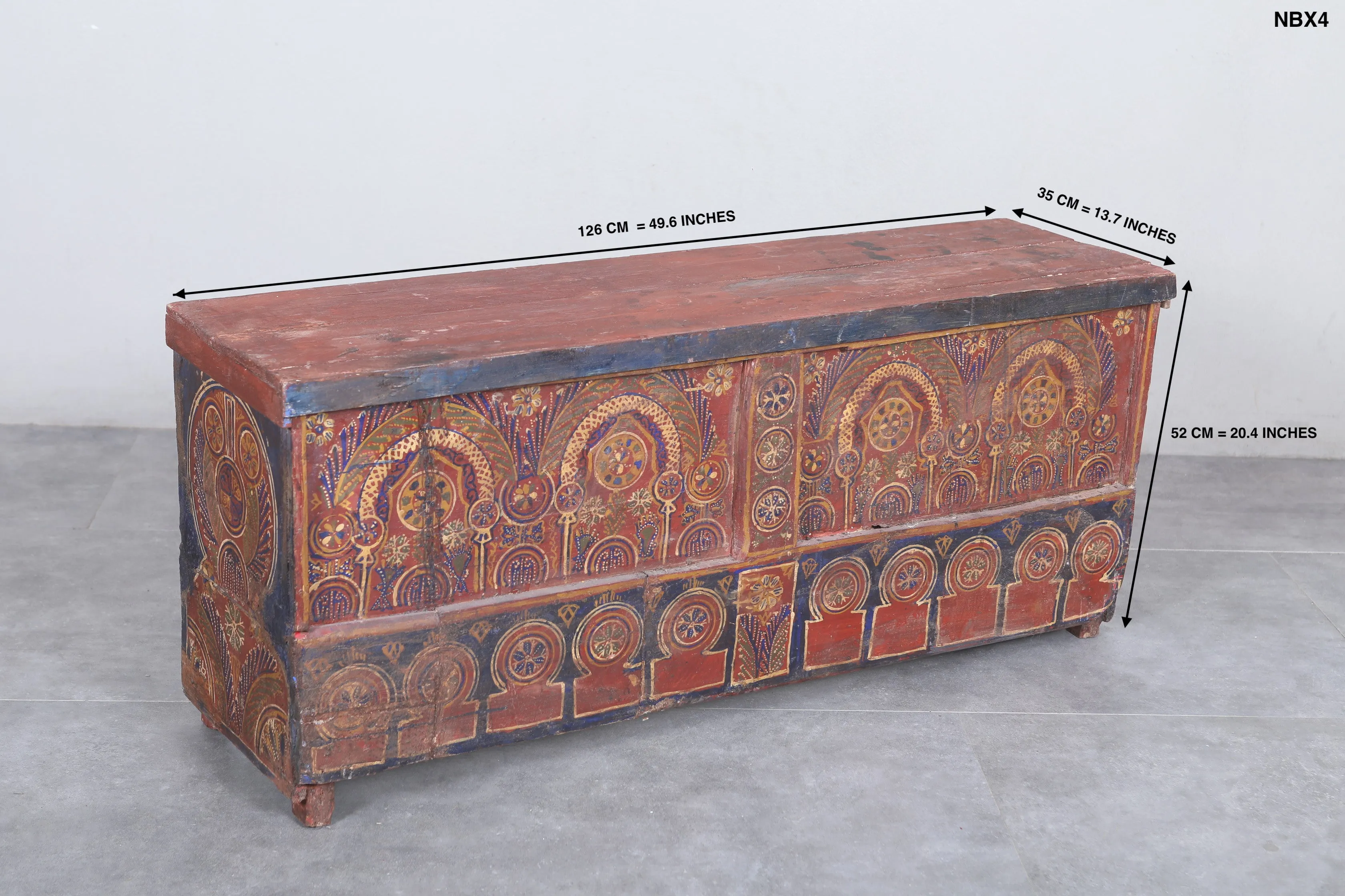Vintage Moroccan chest  H 20.4  inches x W 49.6 inches x D 13.7 inches
