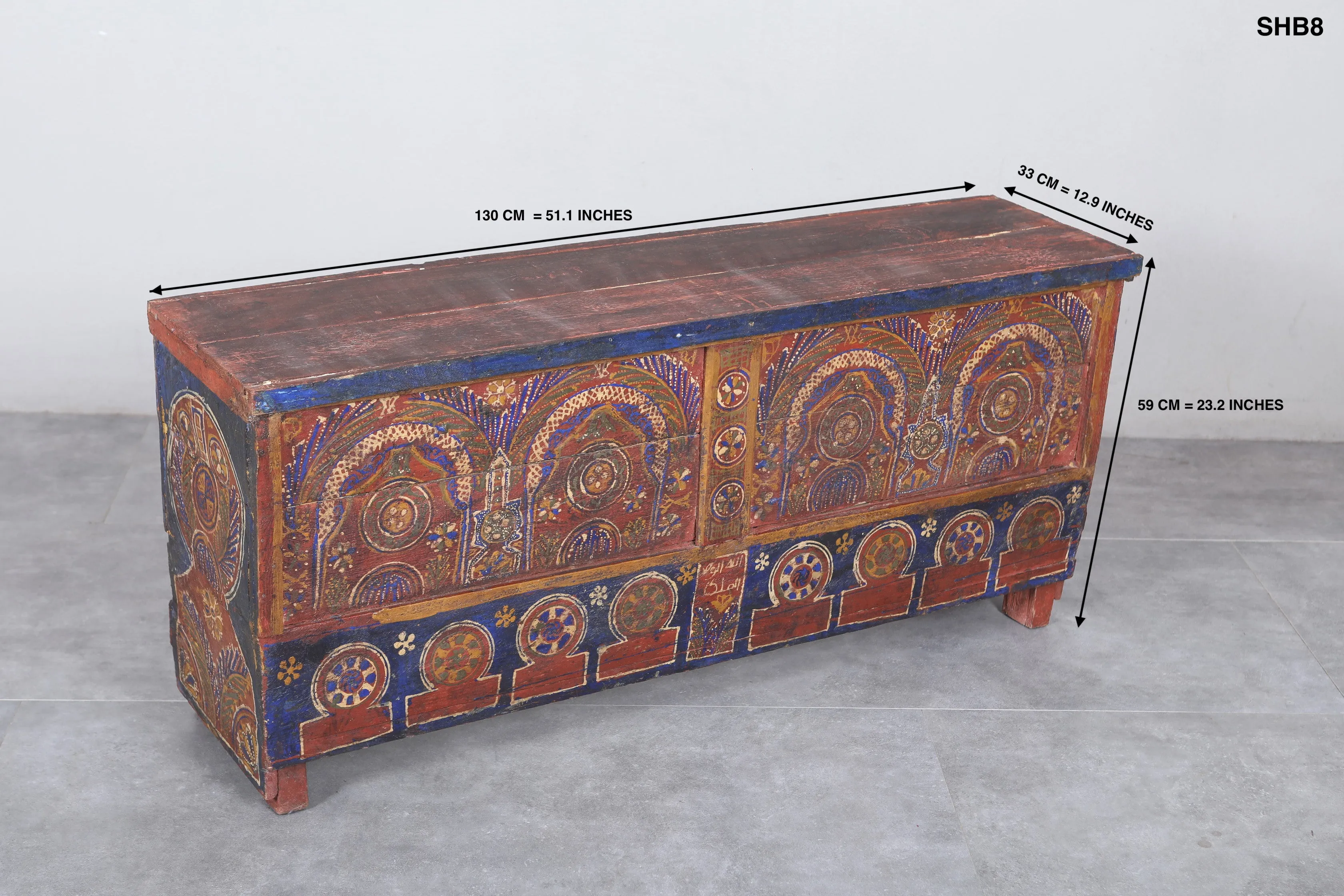 Vintage Moroccan chest  H 23.2 inches x W 51.1 inches x D 12.9 inches