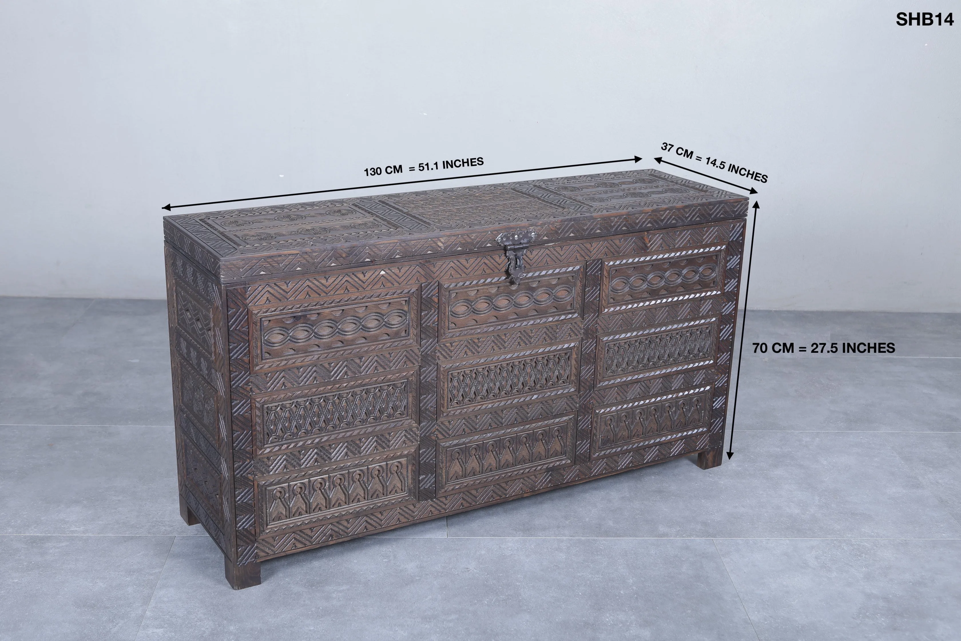 Vintage Moroccan chest  H 27.5 INCHES X W 51.1 INCHES X D 14.5 INCHES