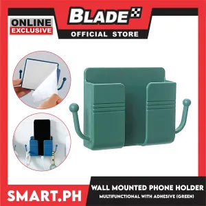 Wall Mounted Phone Holder Organizer with Adhesive (Green) Multifunctional Holder, Remote Control, Mobile Phone, Charging Storage Holder