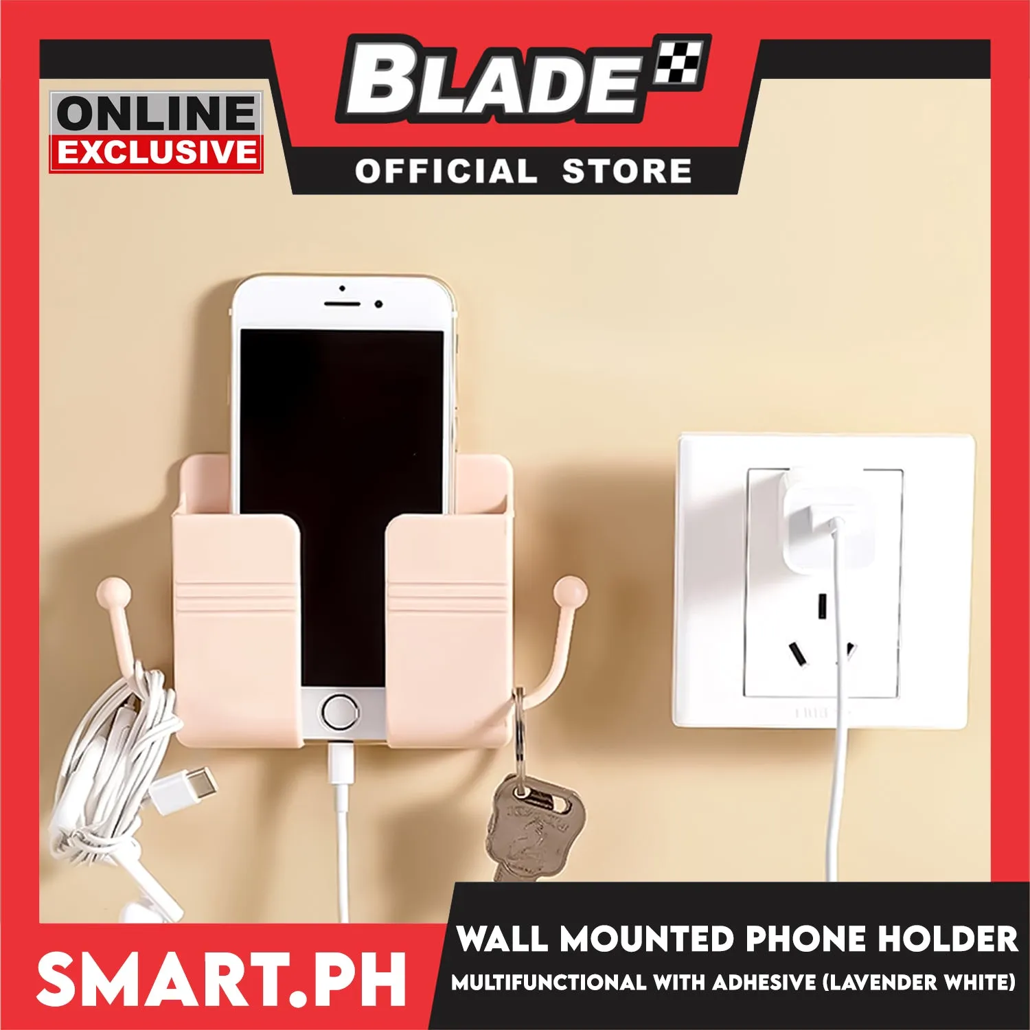 Wall Mounted Phone Holder Organizer with Adhesive (Lavender White) Multifunctional Holder, Remote Control, Mobile Phone, Charging Storage Holder