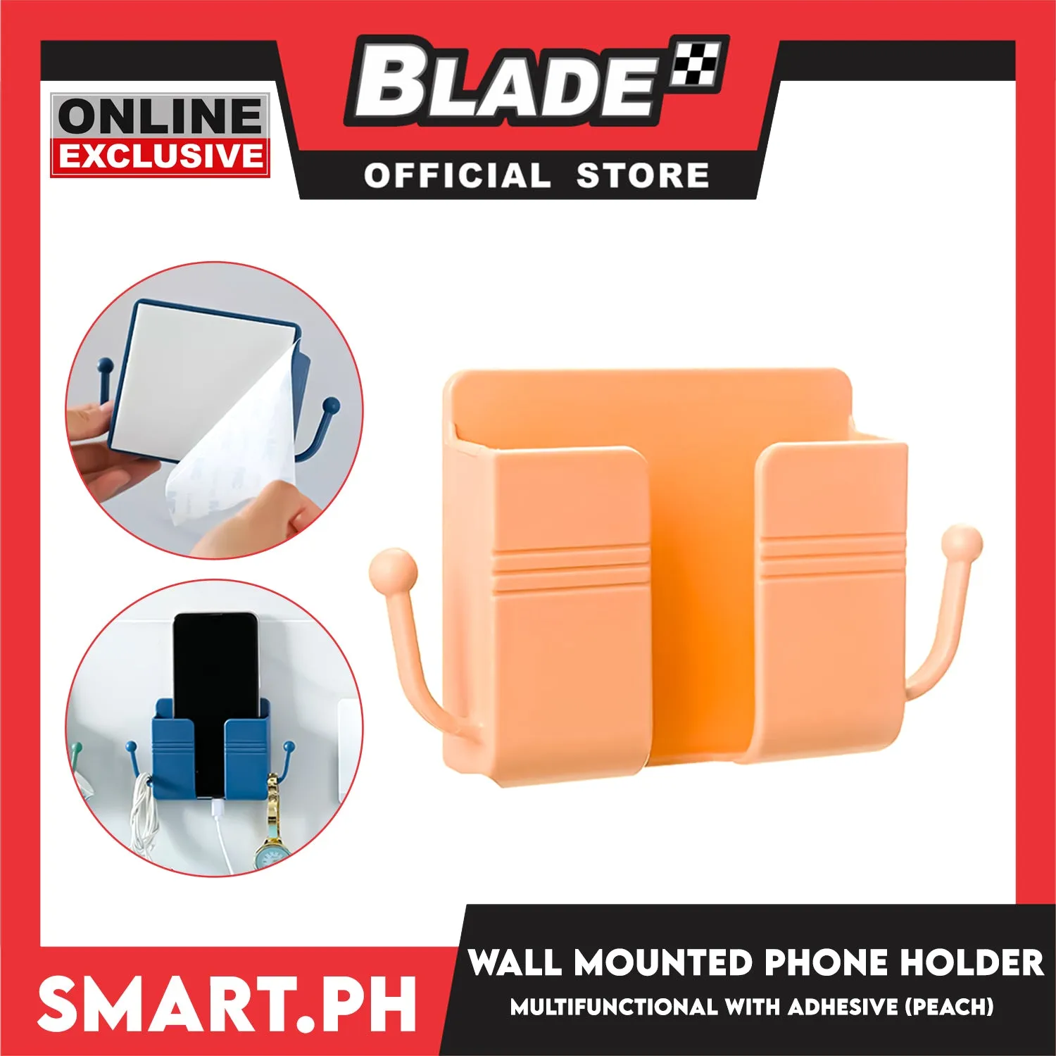 Wall Mounted Phone Holder Organizer with Adhesive (Peach) Multifunctional Holder, Remote Control, Mobile Phone, Charging Storage Holder