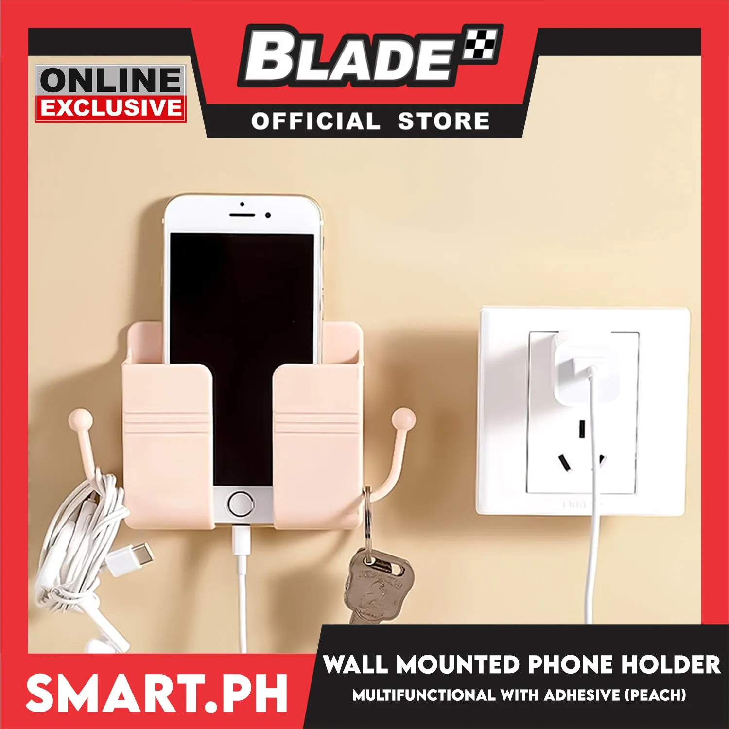 Wall Mounted Phone Holder Organizer with Adhesive (Peach) Multifunctional Holder, Remote Control, Mobile Phone, Charging Storage Holder