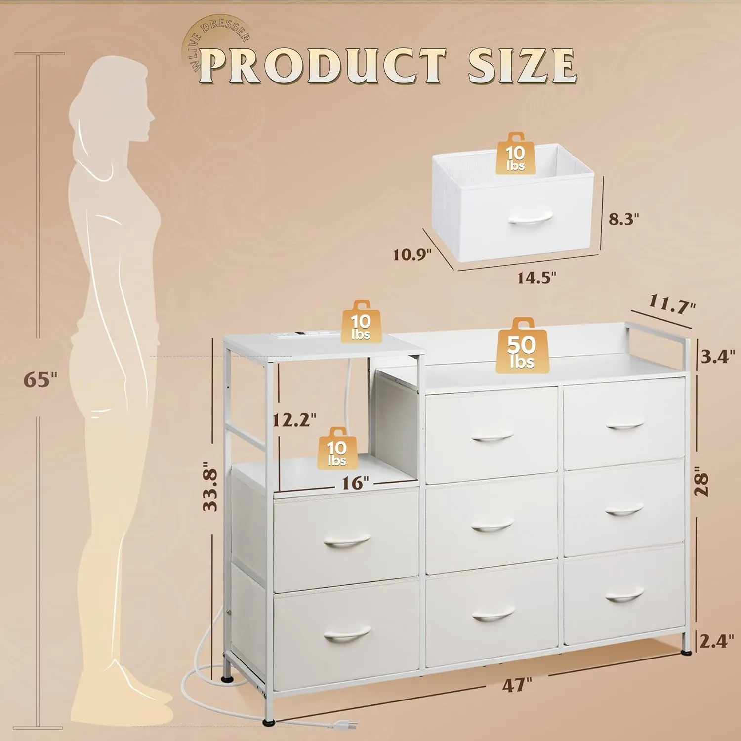 White Dresser TV Stand with Charging Station and Drawers