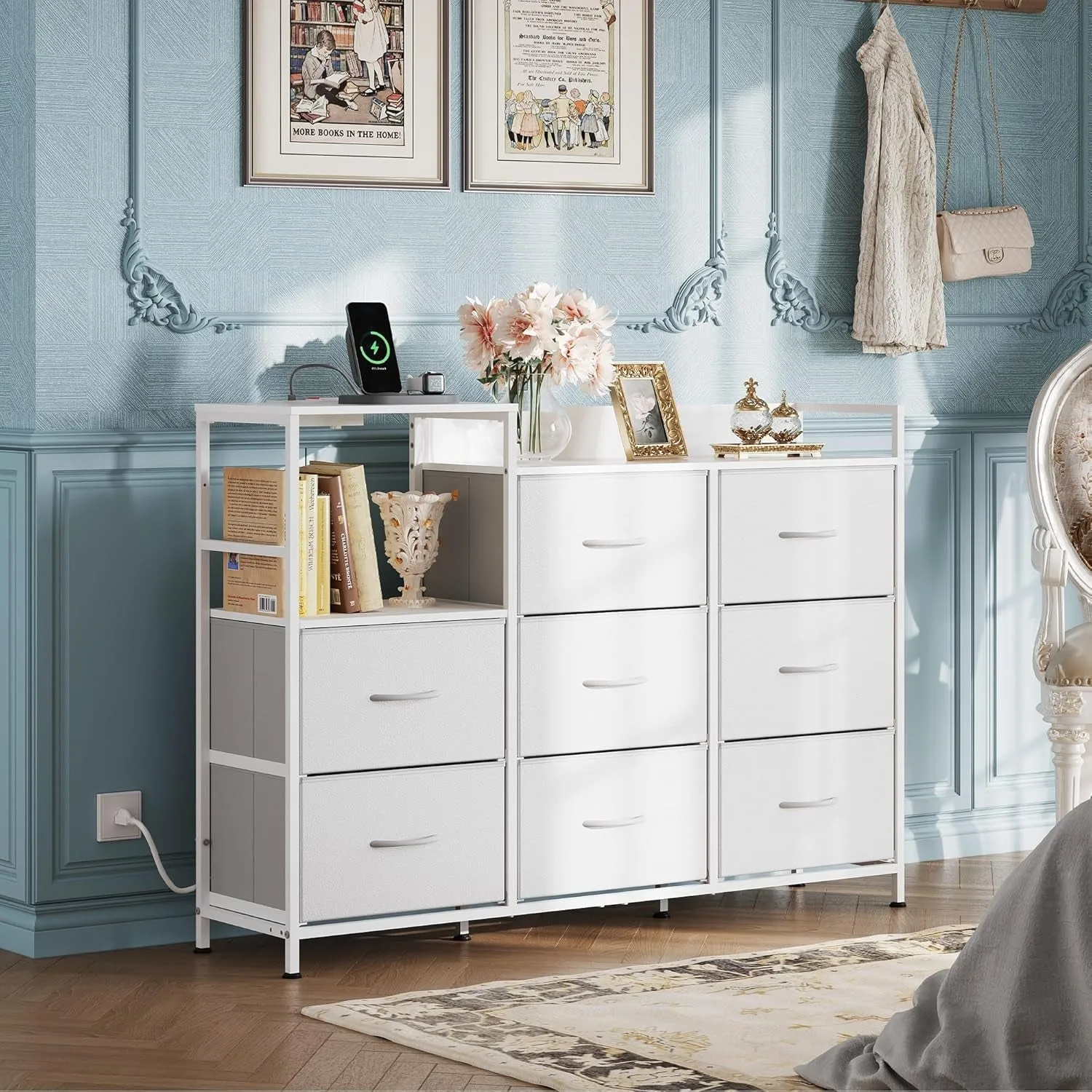 White Dresser TV Stand with Charging Station and Drawers