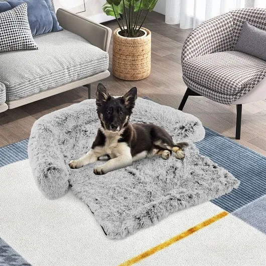White Plush Calming Dog Couch Bed with Anti-Slip Bottom-M - Color: White - Size: