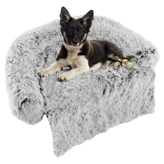 White Plush Calming Dog Couch Bed with Anti-Slip Bottom-M - Color: White - Size: