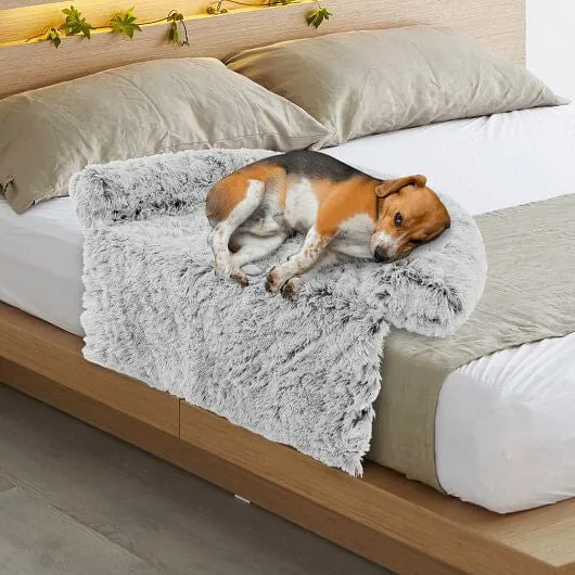White Plush Calming Dog Couch Bed with Anti-Slip Bottom-M - Color: White - Size: