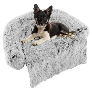 White Plush Calming Dog Couch Bed with Anti-Slip Bottom-M - Color: White - Size: