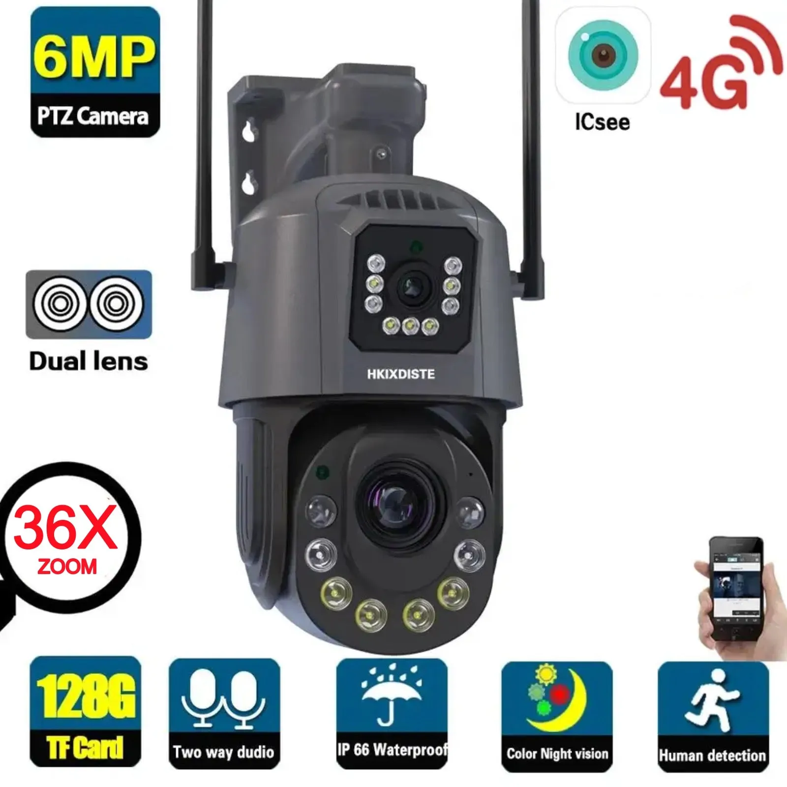 Wi-Fi 6MP Dual Lens Camera 36x Zoom Waterproof Dome Outdoor Tracking Smart Home Security PTZ IP CCTV