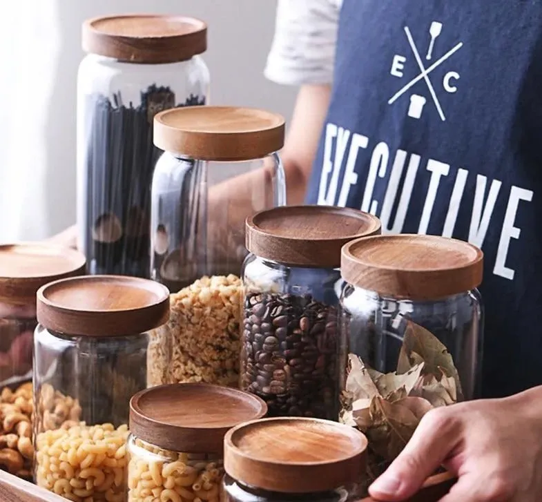 Wood Lid Glass Jar Sealed Kitchen Storage Bottle
