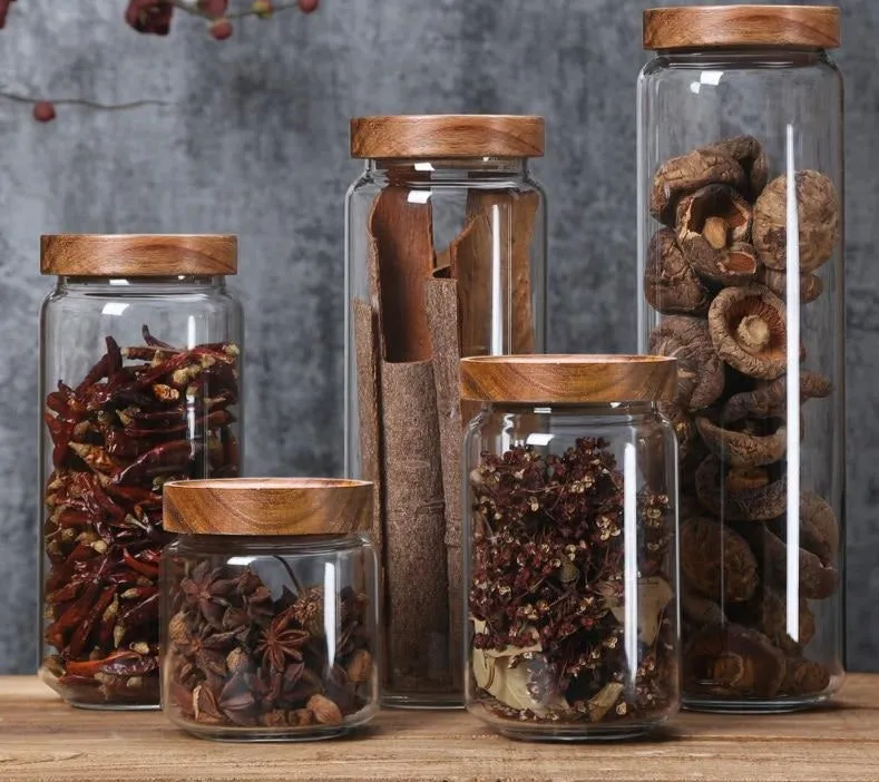 Wood Lid Glass Jar Sealed Kitchen Storage Bottle