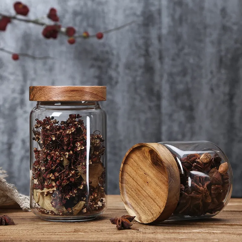 Wood Lid Glass Jar Sealed Kitchen Storage Bottle