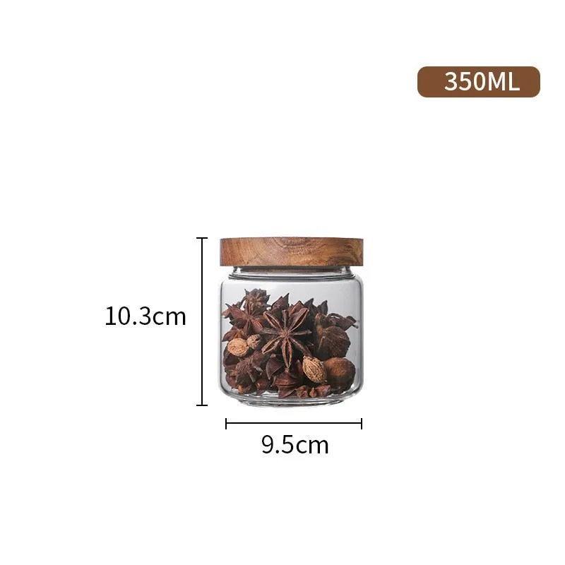Wood Lid Glass Jar Sealed Kitchen Storage Bottle