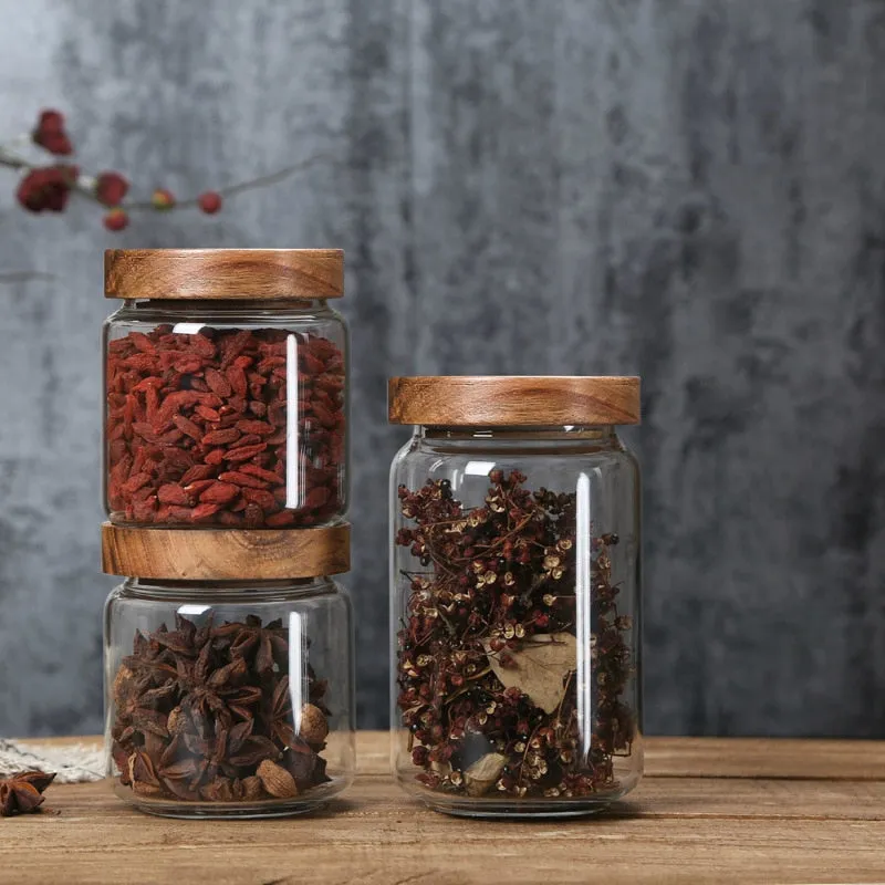 Wood Lid Glass Jar Sealed Kitchen Storage Bottle