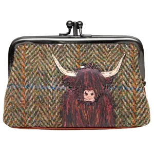 Yoshi Highland Cow Harris Tweed Leather Triple Frame Purse