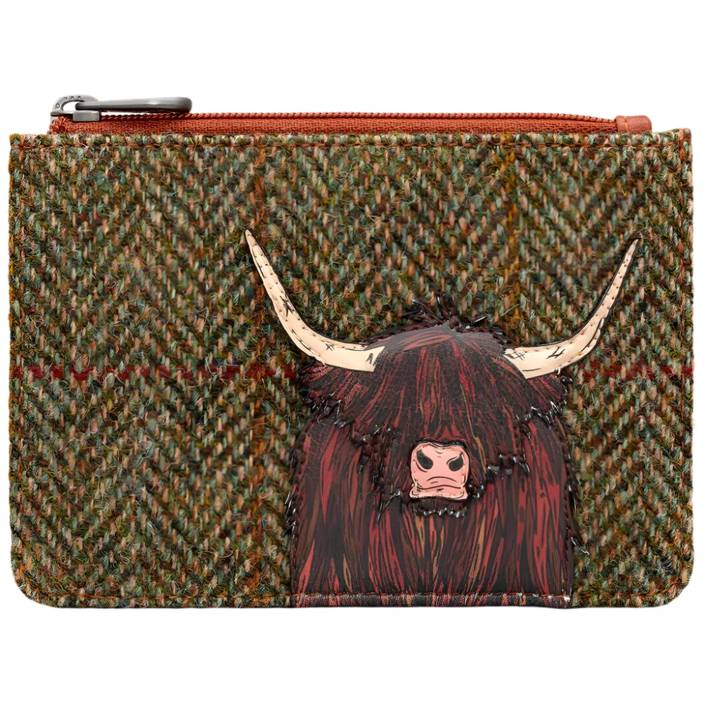 Yoshi Highland Cow Zip Top Tweed Leather Purse